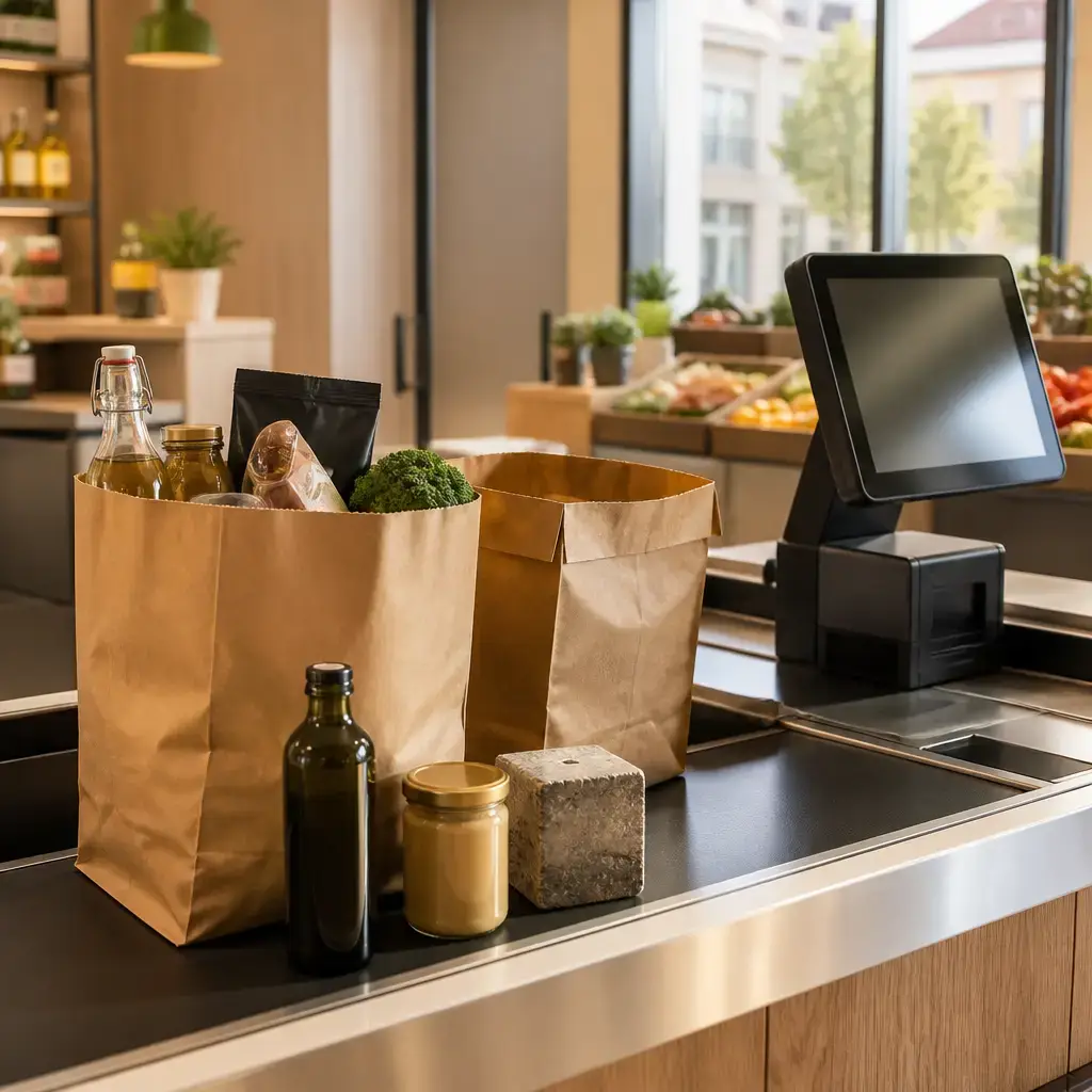 Danish lesson set in a contemporary Copenhagen everyday setting: At a shop checkout, a customer pays on a screen and asks staff to separate heavy and glass items while bagging..