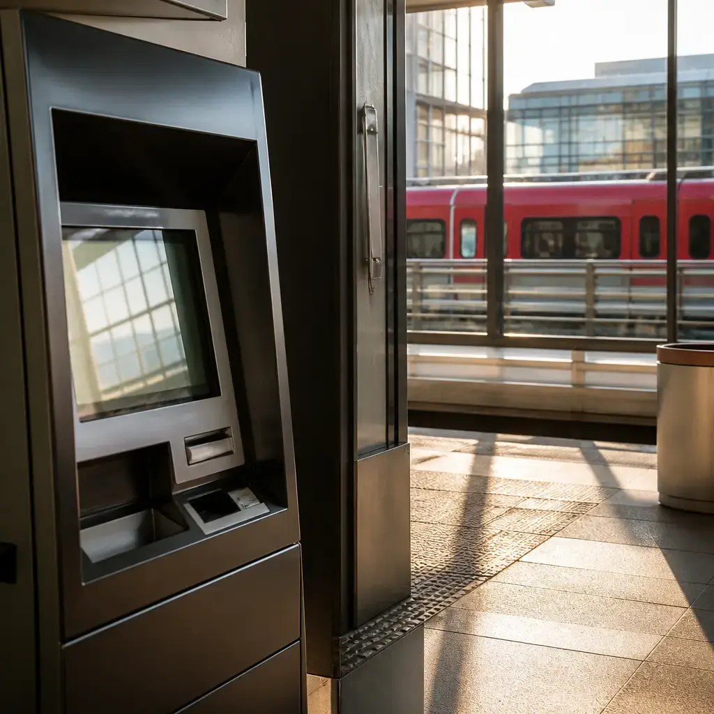 Danish lesson set in a contemporary Copenhagen everyday setting: At a train ticket machine, one adult helps another choose a destination, check the transfer point, and keep the ticket..