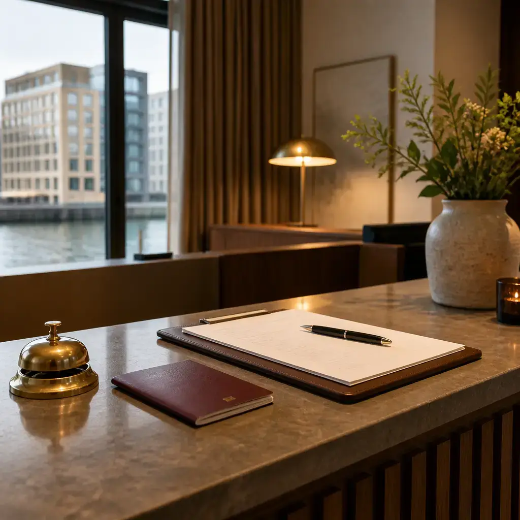 Danish lesson set in a contemporary Copenhagen everyday setting: At a hotel reception desk, a guest checks in by showing a passport, signing a form, and asking about breakfast..