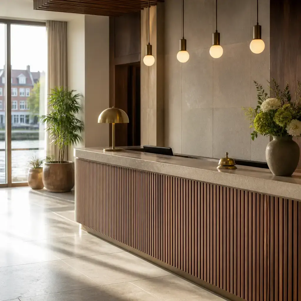Danish lesson set in a contemporary Copenhagen everyday setting: At a hotel reception desk, a guest reports that the room air conditioner is not working and asks about a repair..