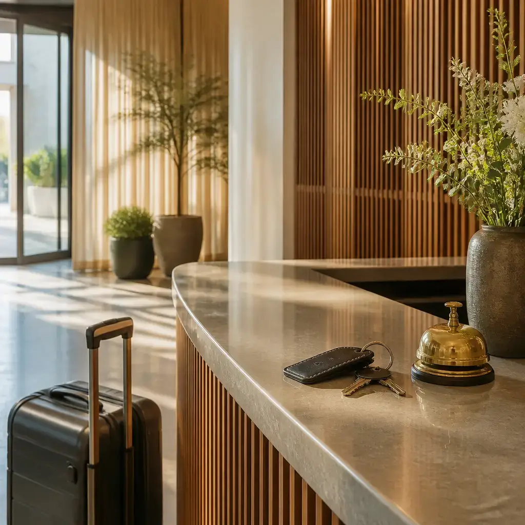 Danish lesson set in a contemporary Copenhagen everyday setting: At a hotel reception desk, a guest checks out, returns the room key, and asks for help with a bag..