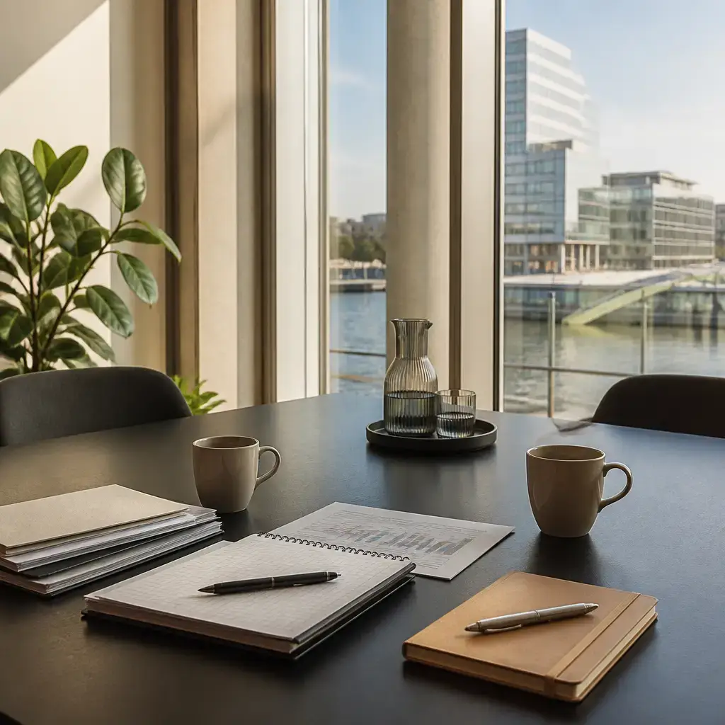 Danish lesson set in a contemporary Copenhagen everyday setting: At work, two adults talk about moving a report deadline because some information is still missing..