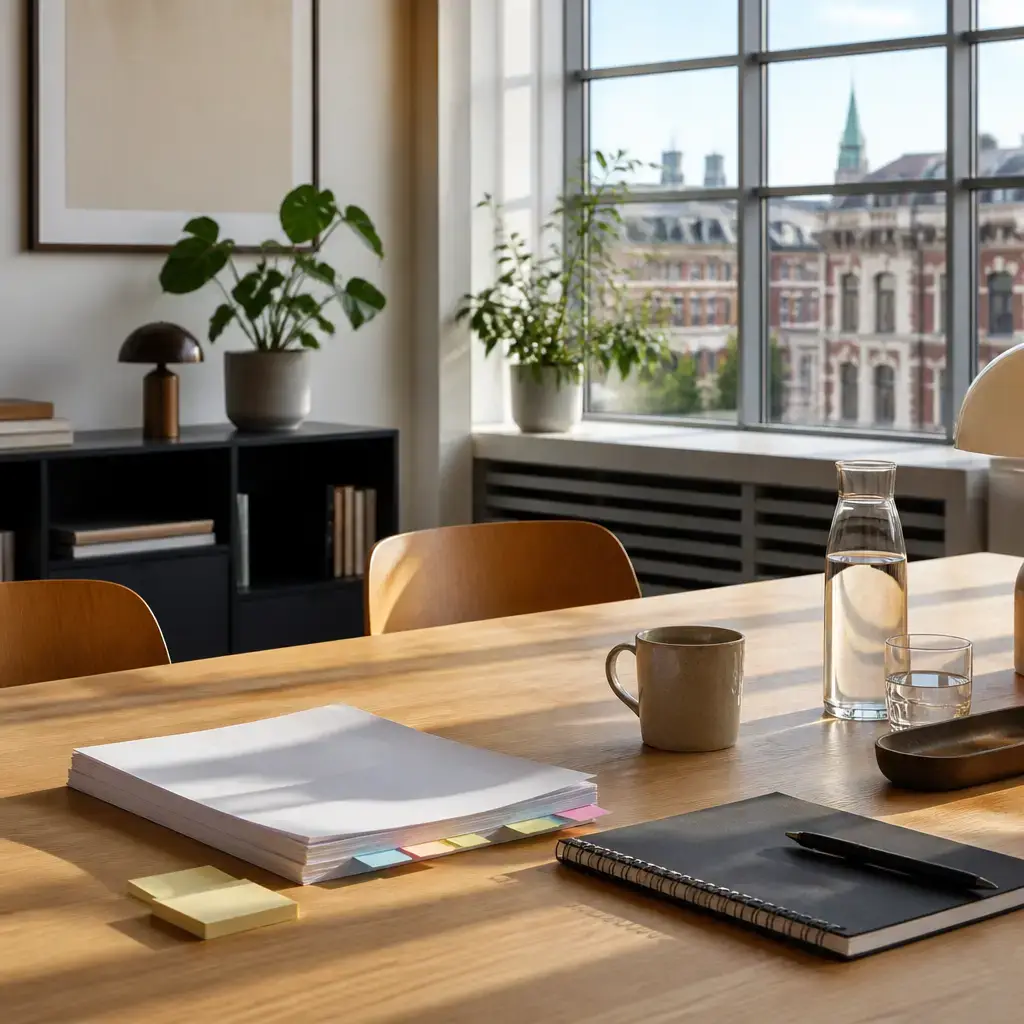 Danish lesson set in a contemporary Copenhagen everyday setting: At work, two adults discuss feedback on a proposal draft and where to move extra details..