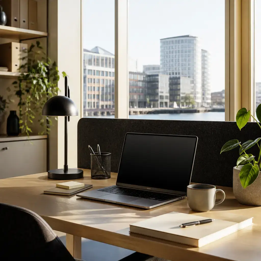 Danish lesson set in a contemporary Copenhagen everyday setting: At work, two adults troubleshoot a project tool login problem and decide what to send to support if it continues..