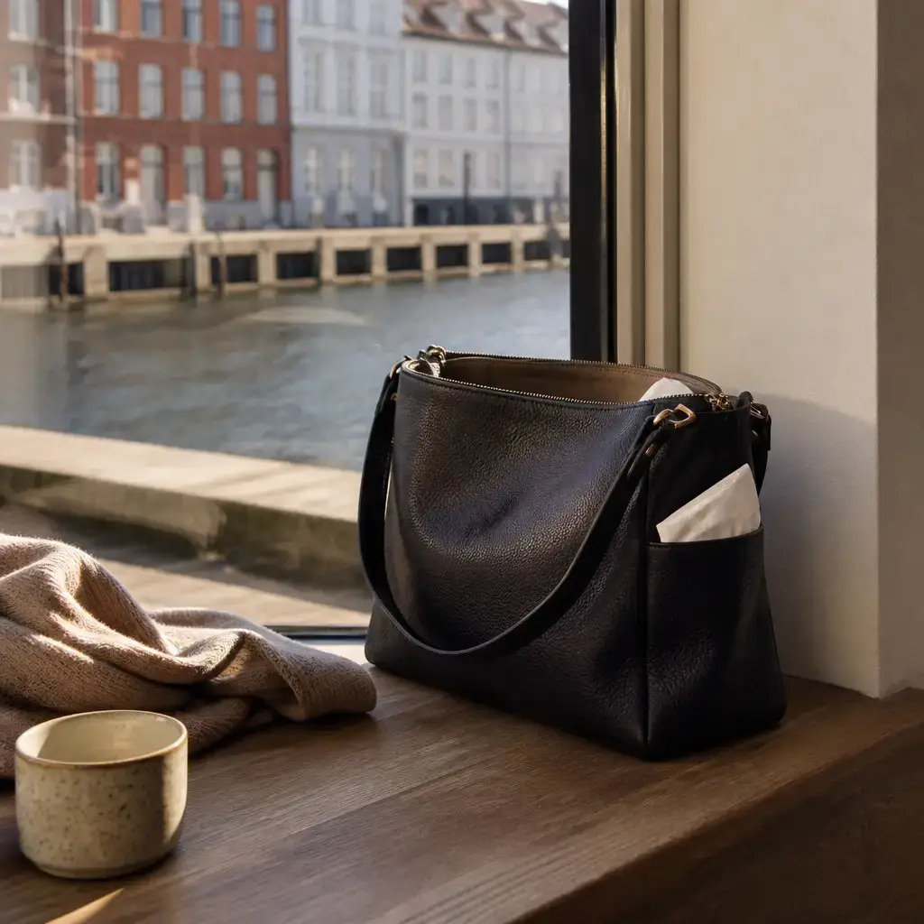 Danish lesson set in a contemporary Copenhagen everyday setting: In a daily life setting, one adult asks to borrow a tissue from another person's bag and checks permission before opening a pocket..