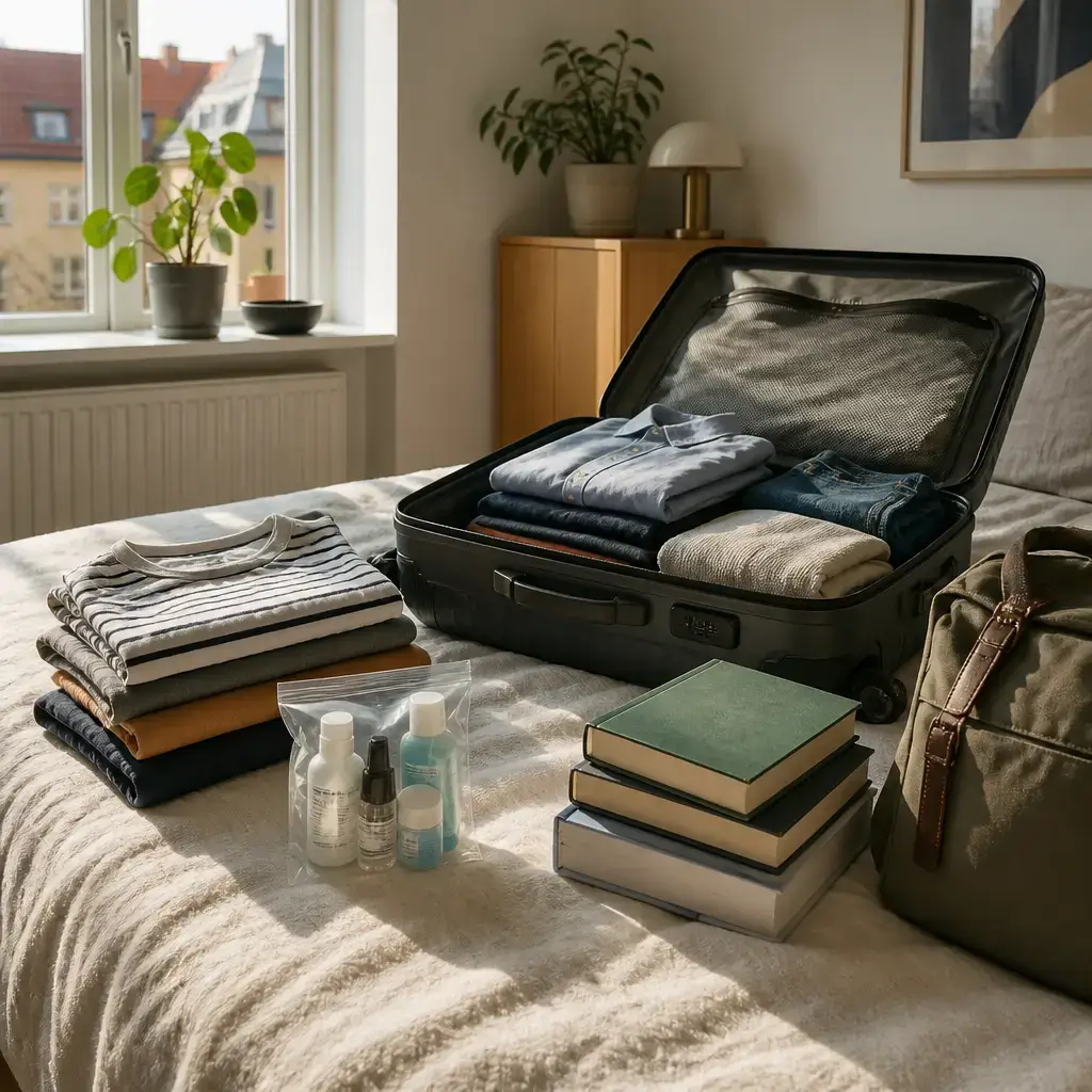 Danish lesson set in a contemporary Copenhagen everyday setting: Before a trip, two adults organize a suitcase by folding shirts, separating liquids, and moving heavy books..