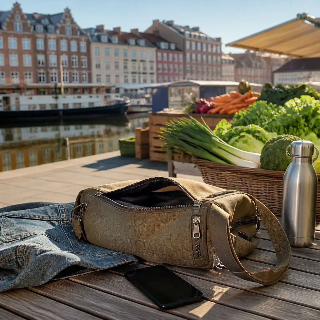 Danish lesson set in a contemporary Copenhagen everyday setting: At a crowded market, two adults talk about keeping valuables in safe pockets and staying close while walking..