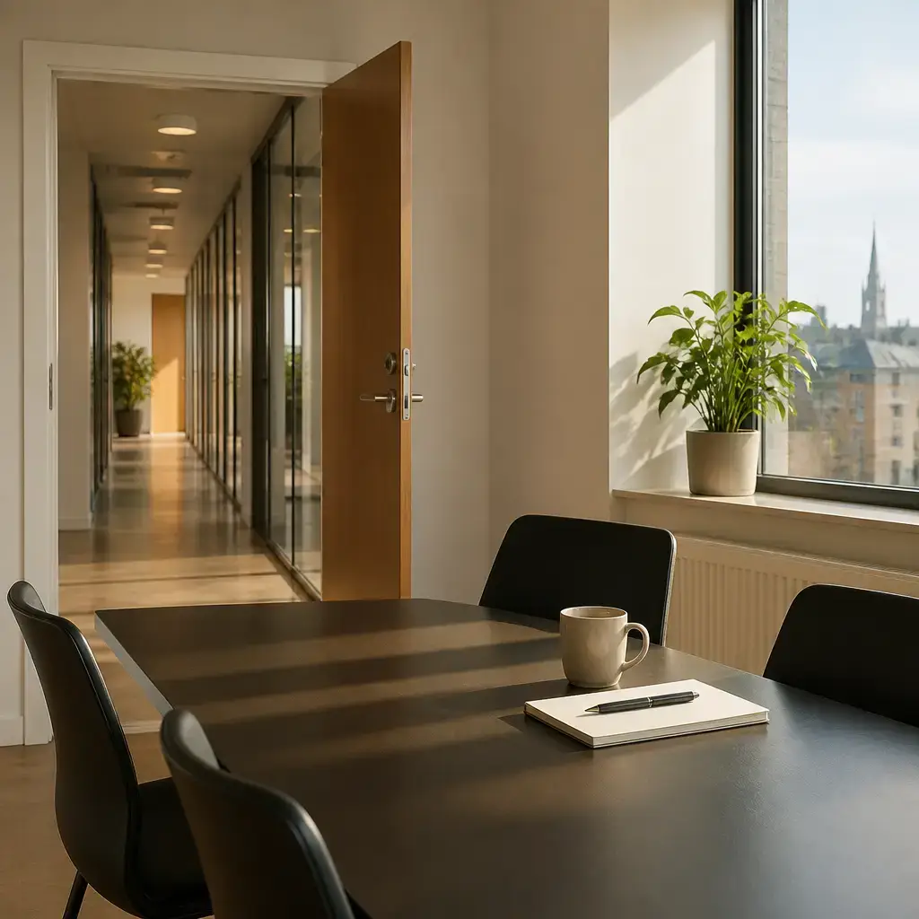 Danish lesson set in a contemporary Copenhagen everyday setting: Before a meeting, one adult steps into the hallway for a private phone call while another saves the seat and notes..