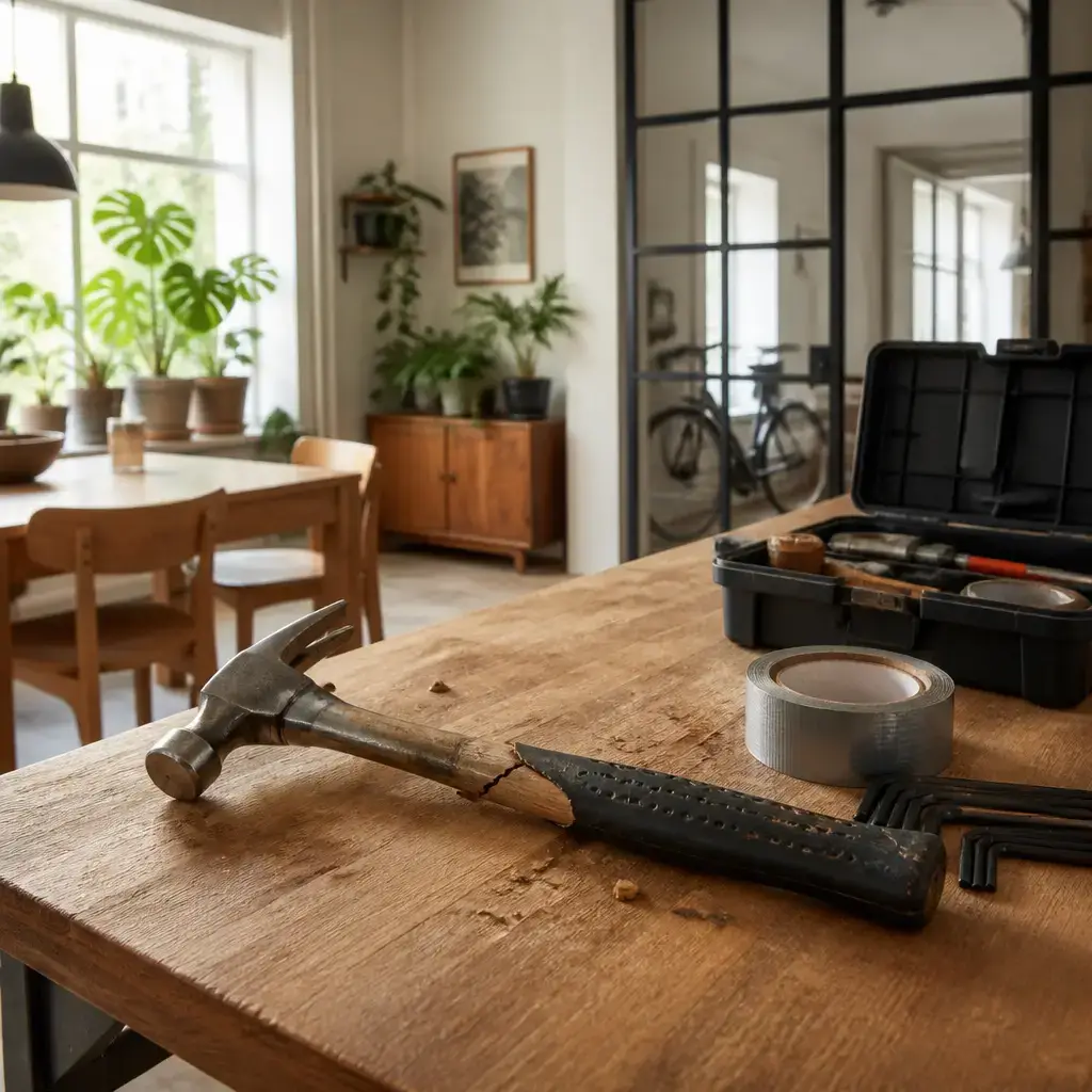 Danish lesson set in a contemporary Copenhagen everyday setting: In a shared space, one adult apologizes for damaging a borrowed tool and discusses whether to repair or replace it..