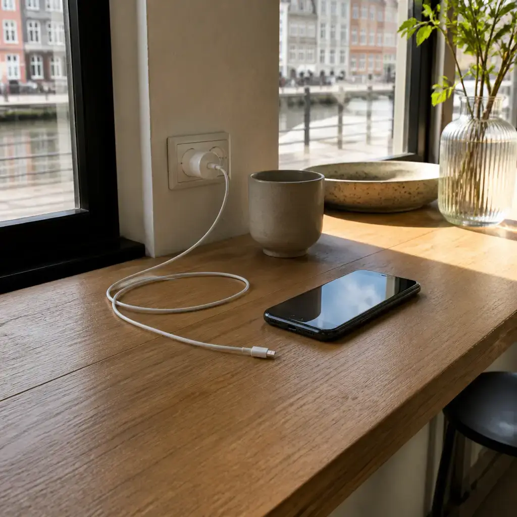Danish lesson set in a contemporary Copenhagen everyday setting: In a daily life situation, one adult asks to use a charging cable so a phone has enough battery for an urgent call..