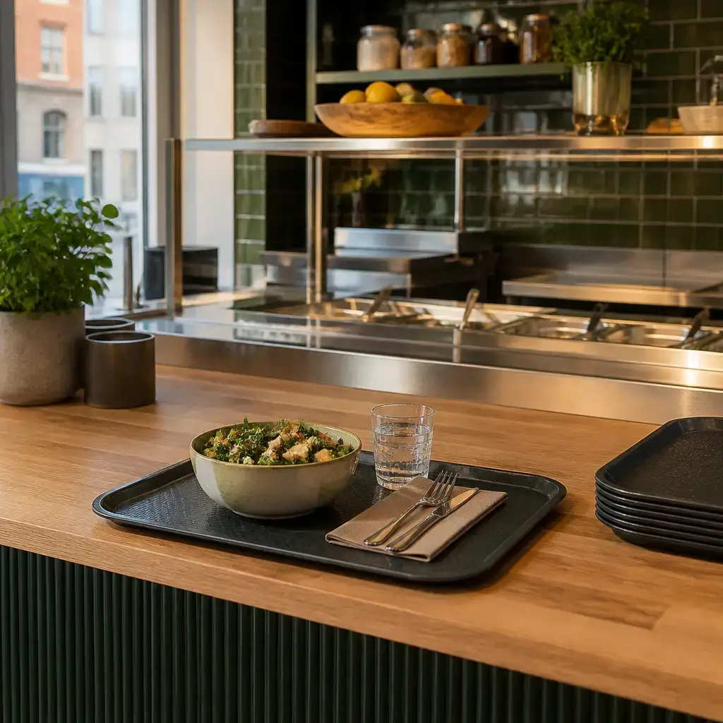 Danish lesson set in a contemporary Copenhagen everyday setting: At a service counter, a customer explains that the food order is wrong and a staff member arranges a replacement..