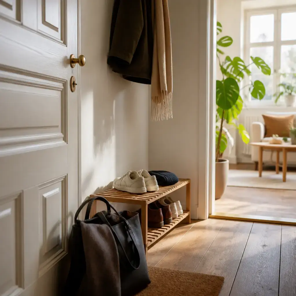 Danish lesson set in a contemporary Copenhagen everyday setting: At home, one adult asks for a place to wait while calling a landlord about being locked out of an apartment..