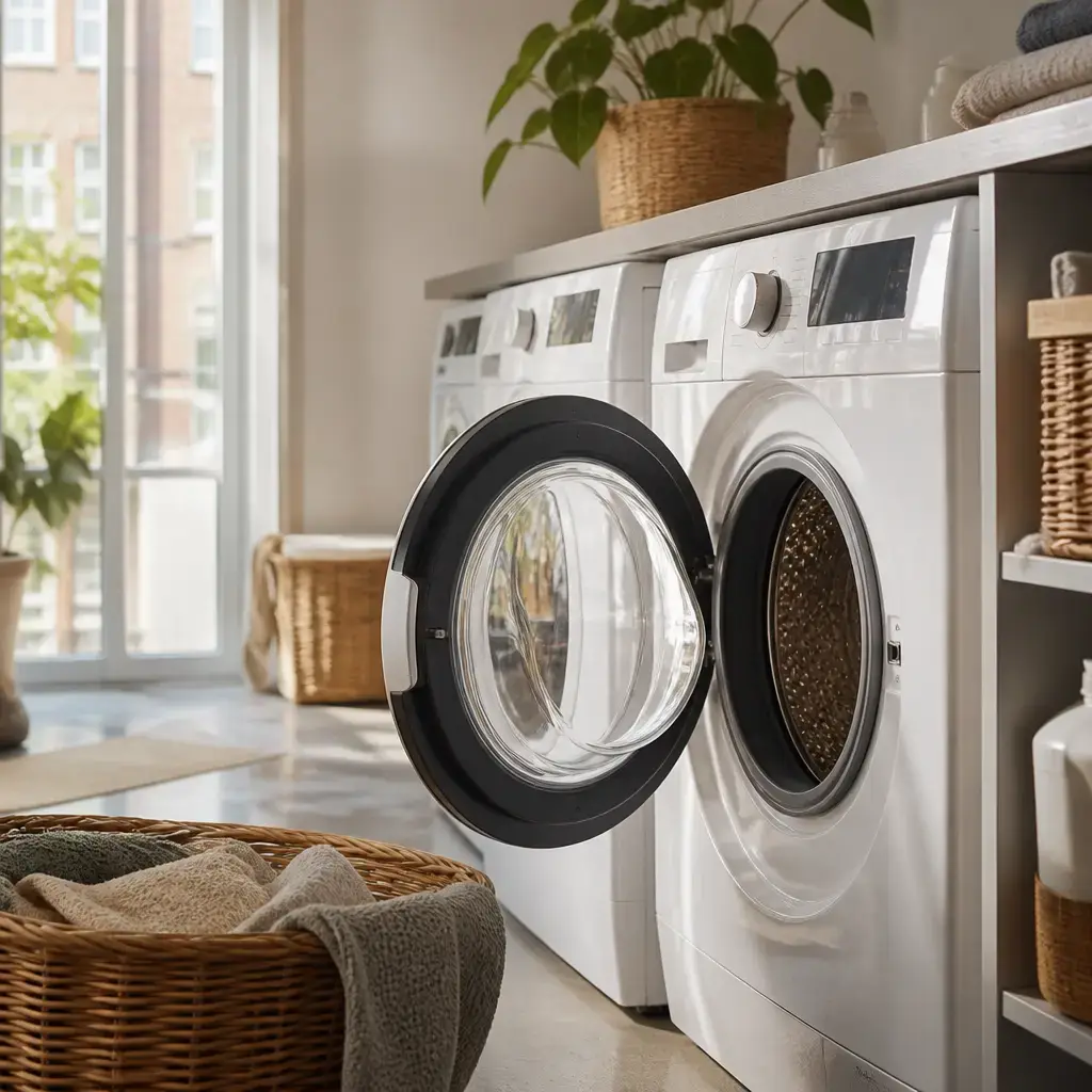 Danish lesson set in a contemporary Copenhagen everyday setting: In a shared laundry area, two adults check why a washing machine will not start and fix it by closing the door properly..