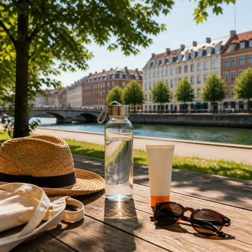 Danish lesson set in a contemporary Copenhagen everyday setting: Before going outside on a very hot day, two adults plan to avoid the strongest heat, use sunscreen, carry water, and visit a park later..