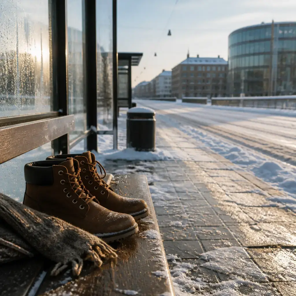 Danish lesson set in a contemporary Copenhagen everyday setting: On a snowy morning, two adults discuss icy sidewalks, safer shoes, and possible bus delays before leaving..