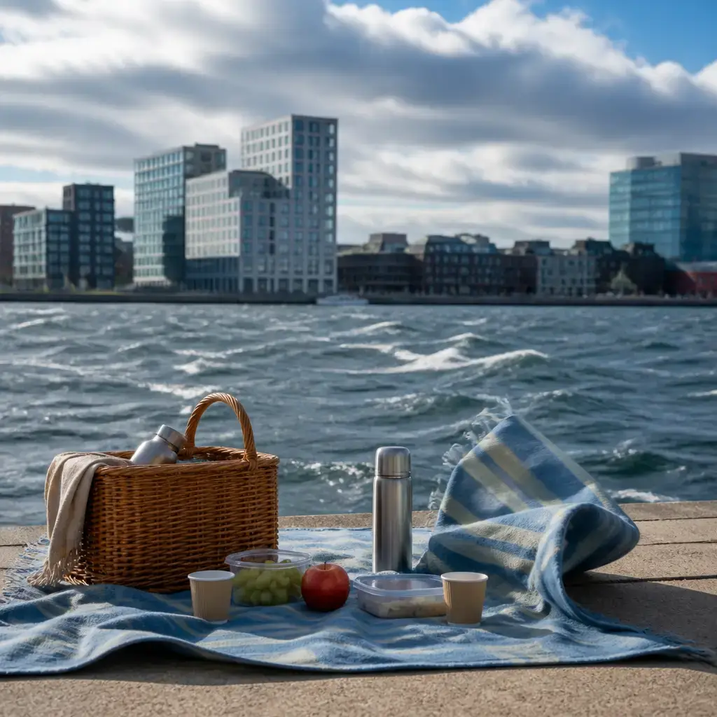 Danish lesson set in a contemporary Copenhagen everyday setting: Before a planned picnic, two adults decide to meet indoors because strong wind would make eating outside difficult..