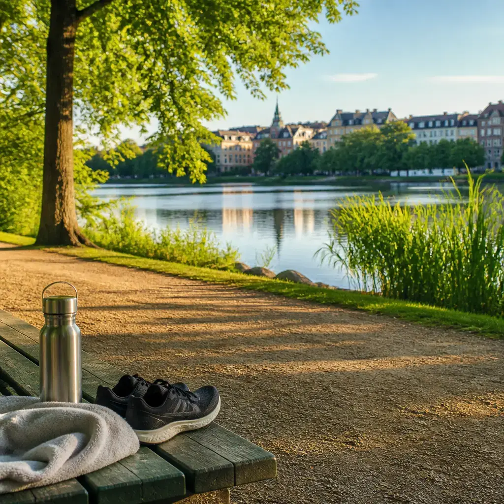 Danish lesson set in a contemporary Copenhagen everyday setting: During a personal conversation, one adult describes a new jogging routine around the park and a goal to keep running..