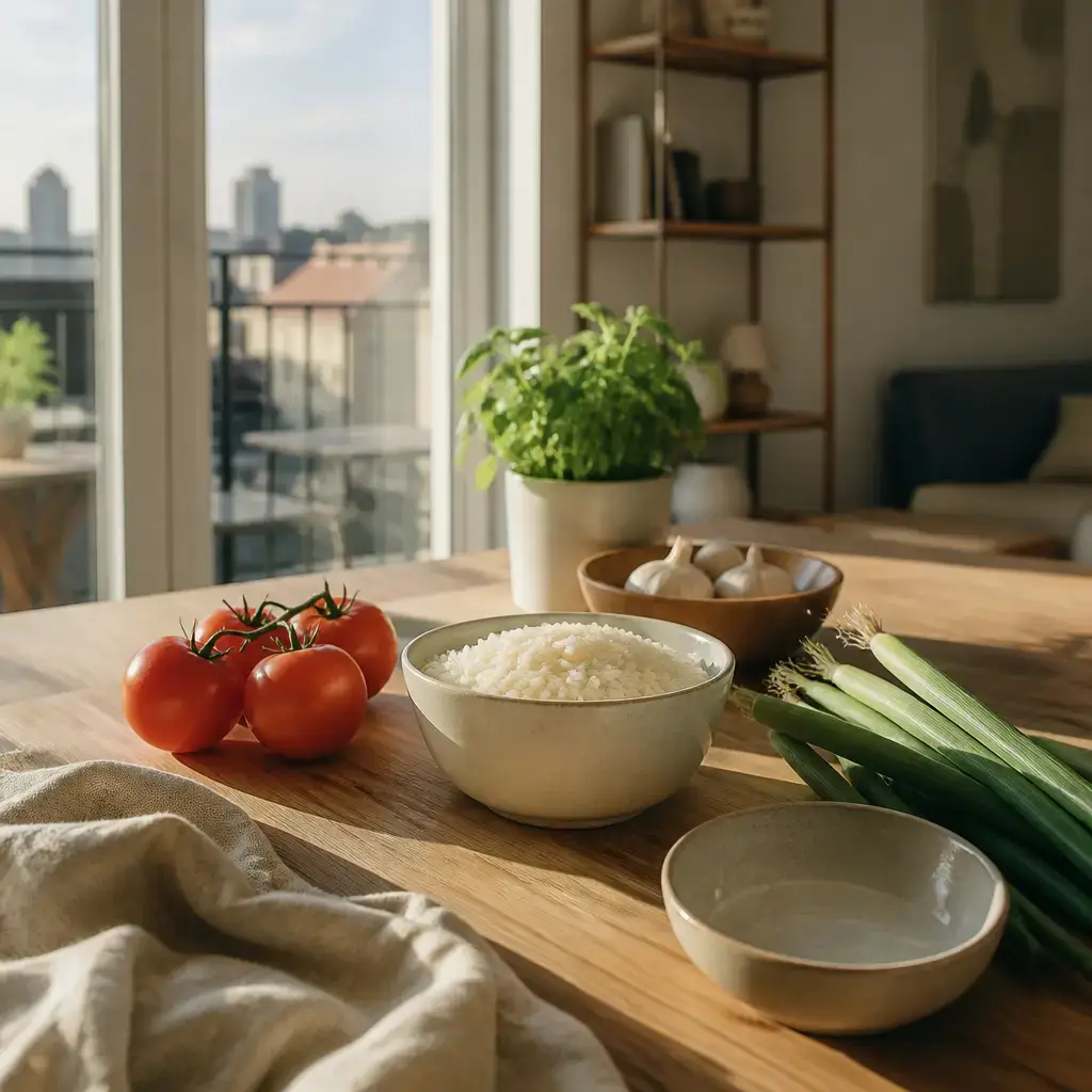 Danish lesson set in a contemporary Copenhagen everyday setting: At home, two adults check ingredients before cooking and decide to buy onions before measuring rice..