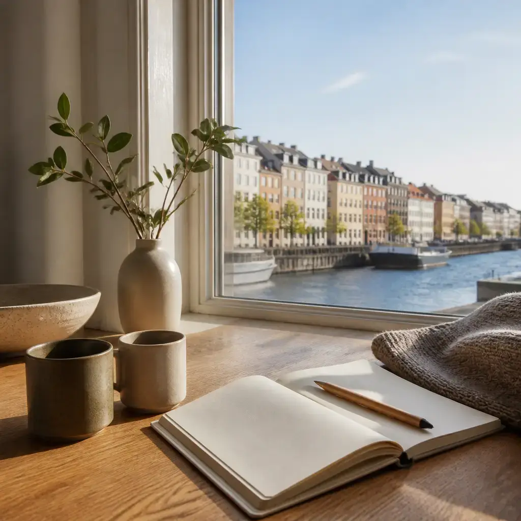 Danish lesson set in a contemporary Copenhagen everyday setting: During daily planning, two adults check the forecast and choose a morning walk with an indoor backup..