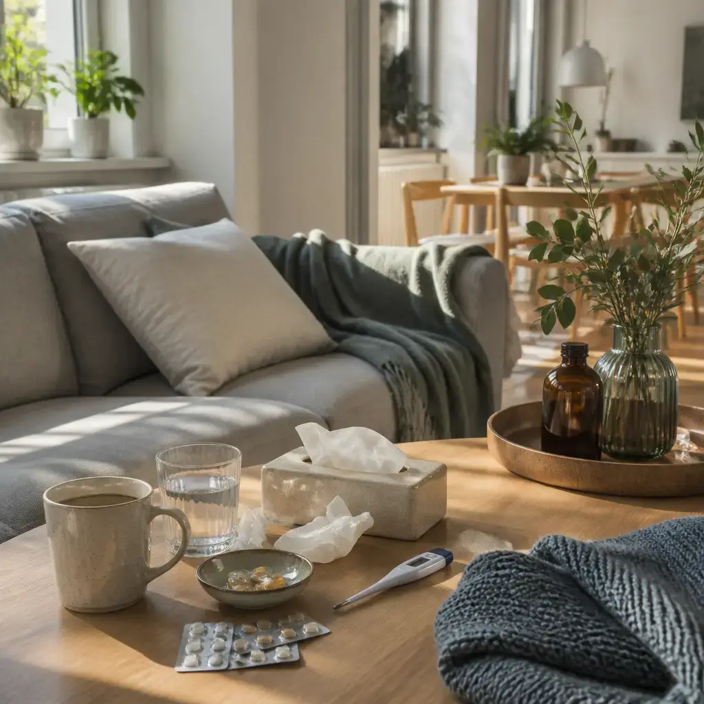Danish lesson set in a contemporary Copenhagen everyday setting: At home, one adult feels unwell and asks another how to call a clinic for an appointment..