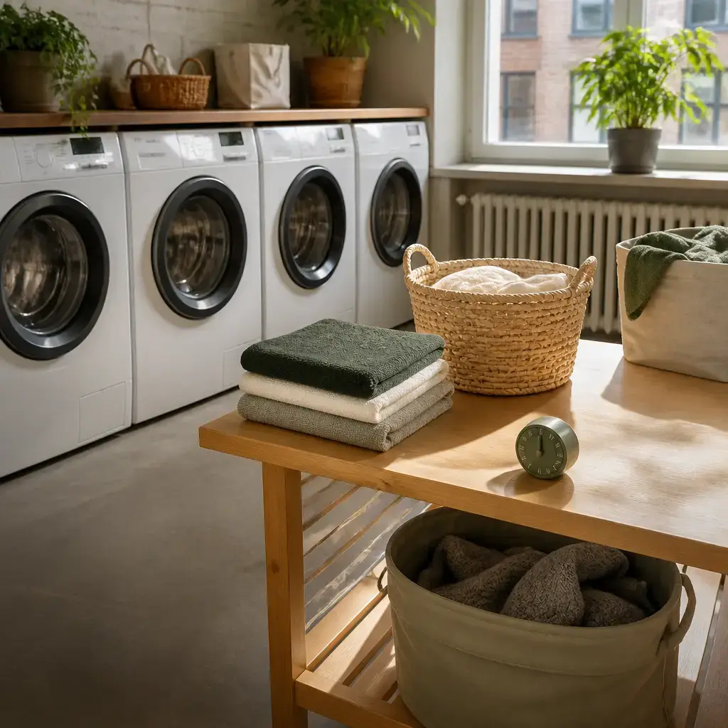 Danish lesson set in a contemporary Copenhagen everyday setting: In a shared laundry room, two adults discuss using the schedule, setting a timer, and moving clothes promptly..