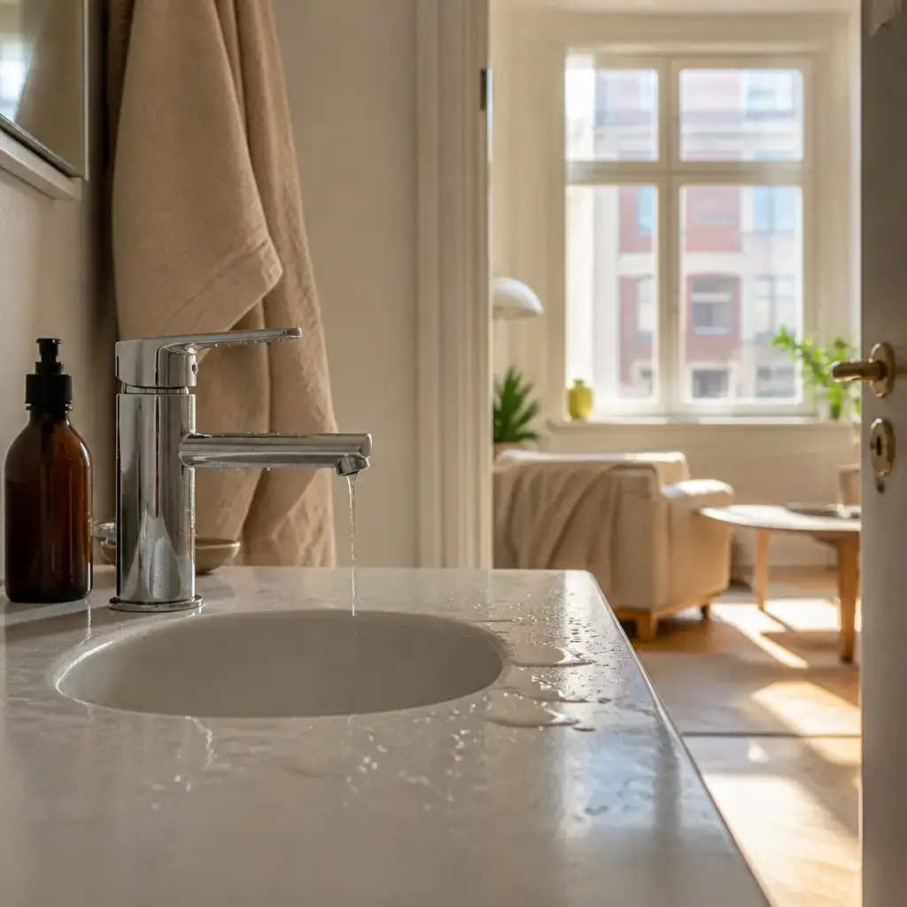 Danish lesson set in a contemporary Copenhagen everyday setting: At home, two adults plan a clear message to the landlord about a leaking tap and possible repair visit..