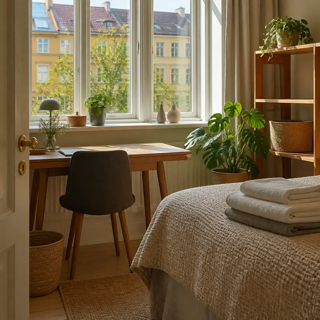 Danish lesson set in a contemporary Copenhagen everyday setting: At home, two adults prepare a guest room with workspace, towels, internet instructions, and a short note..
