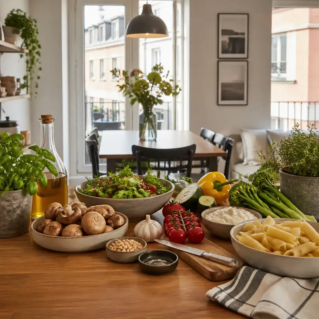 Danish lesson set in a contemporary Copenhagen everyday setting: At home, two adults check guests' dietary restrictions and adjust a dinner plan before cooking..