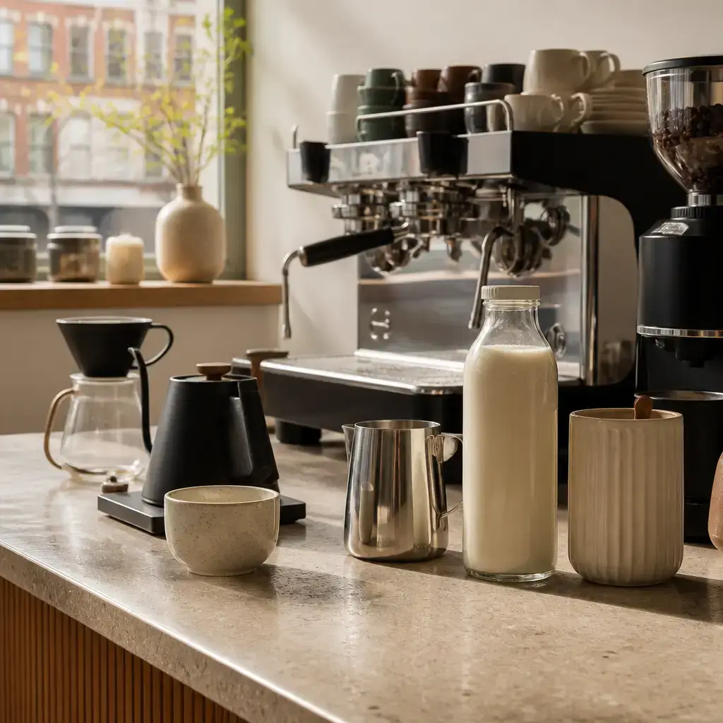 Danish lesson set in a contemporary Copenhagen everyday setting: At a cafe counter, a customer orders a latte with oat milk and asks for lighter foam while the barista checks the label..