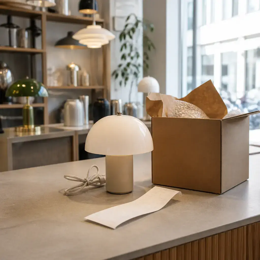Danish lesson set in a contemporary Copenhagen everyday setting: In a shop, a customer brings back a faulty lamp with the receipt and packaging so staff can check a possible replacement..