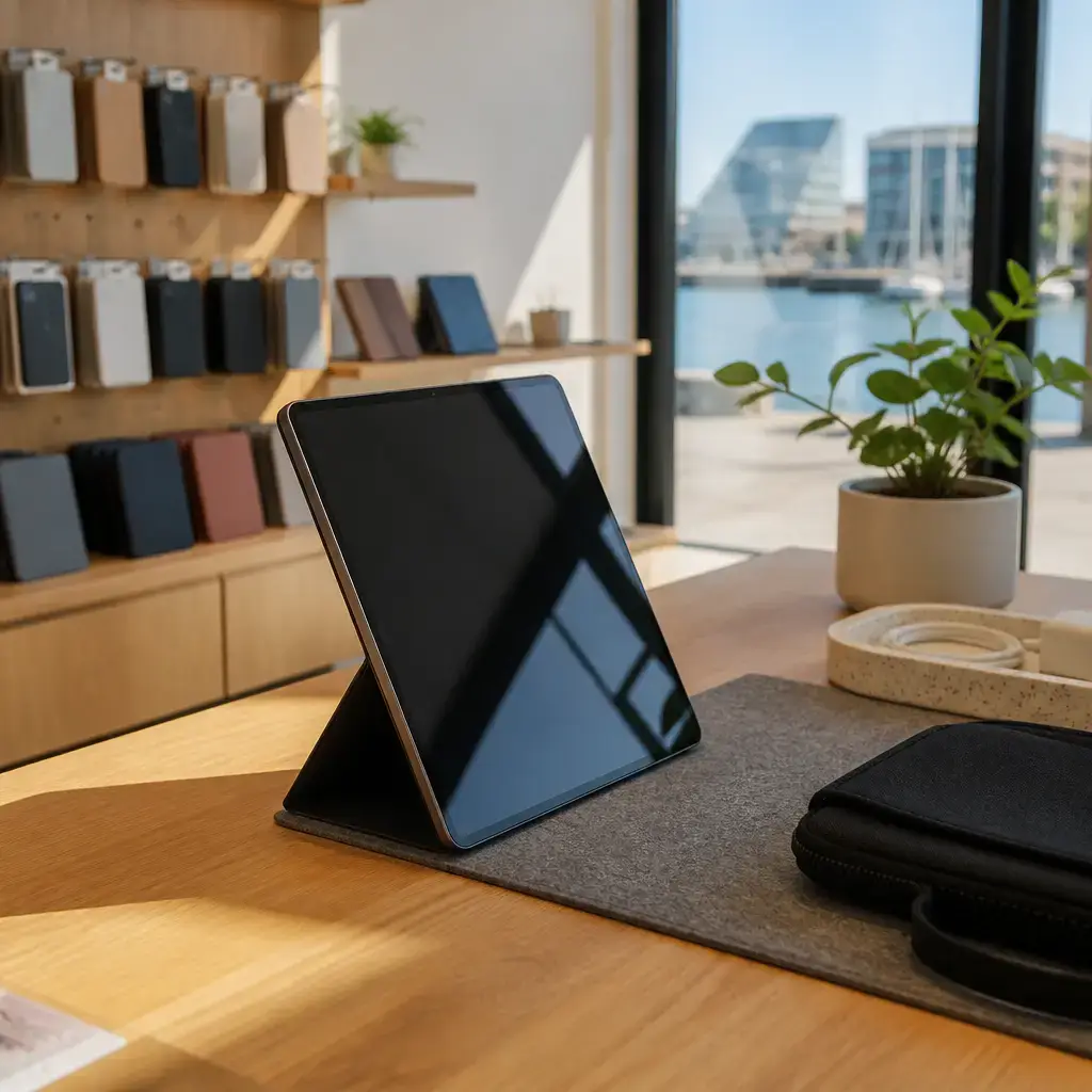 Danish lesson set in a contemporary Copenhagen everyday setting: In a shop, a customer asks staff what a tablet warranty covers before deciding whether the purchase is sensible..