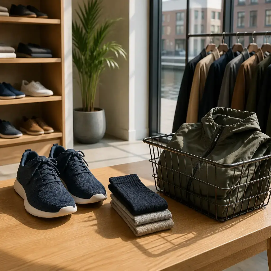 Danish lesson set in a contemporary Copenhagen everyday setting: In a shop, two adults keep a purchase focused on needed shoes and socks while avoiding an unnecessary jacket..