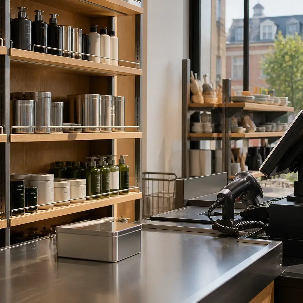 Danish lesson set in a contemporary Copenhagen everyday setting: At a shop checkout, a customer and staff member resolve a shelf-label mismatch before payment..