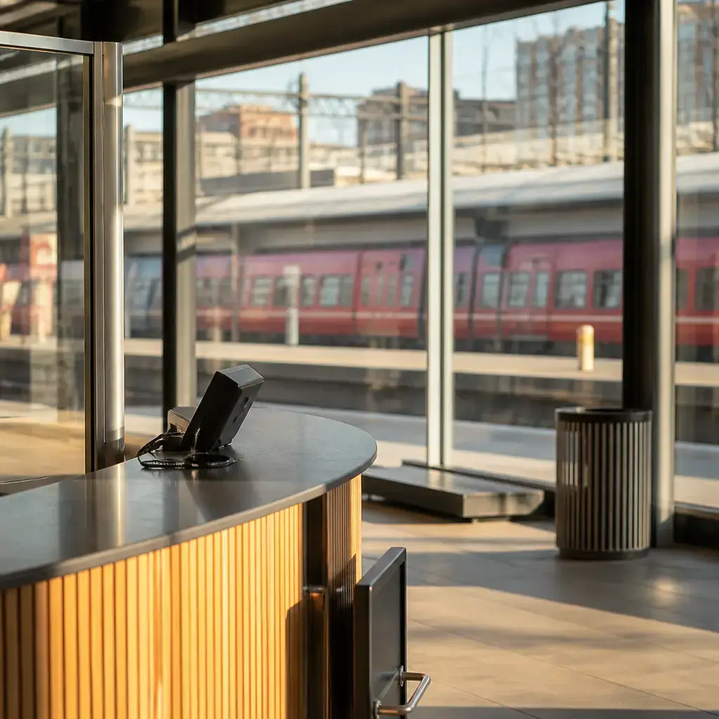Danish lesson set in a contemporary Copenhagen everyday setting: At a transport station, a passenger asks staff for another route after a cancelled train threatens a connection..
