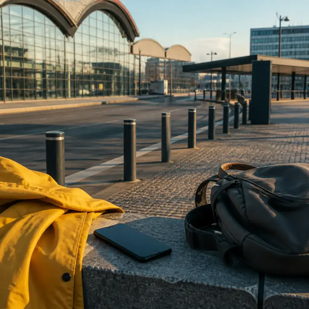 Danish lesson set in a contemporary Copenhagen everyday setting: Outside a station, two adults fix a ride-share pickup mix-up by correcting the entrance, messaging the driver, and waiting near the taxi stand..