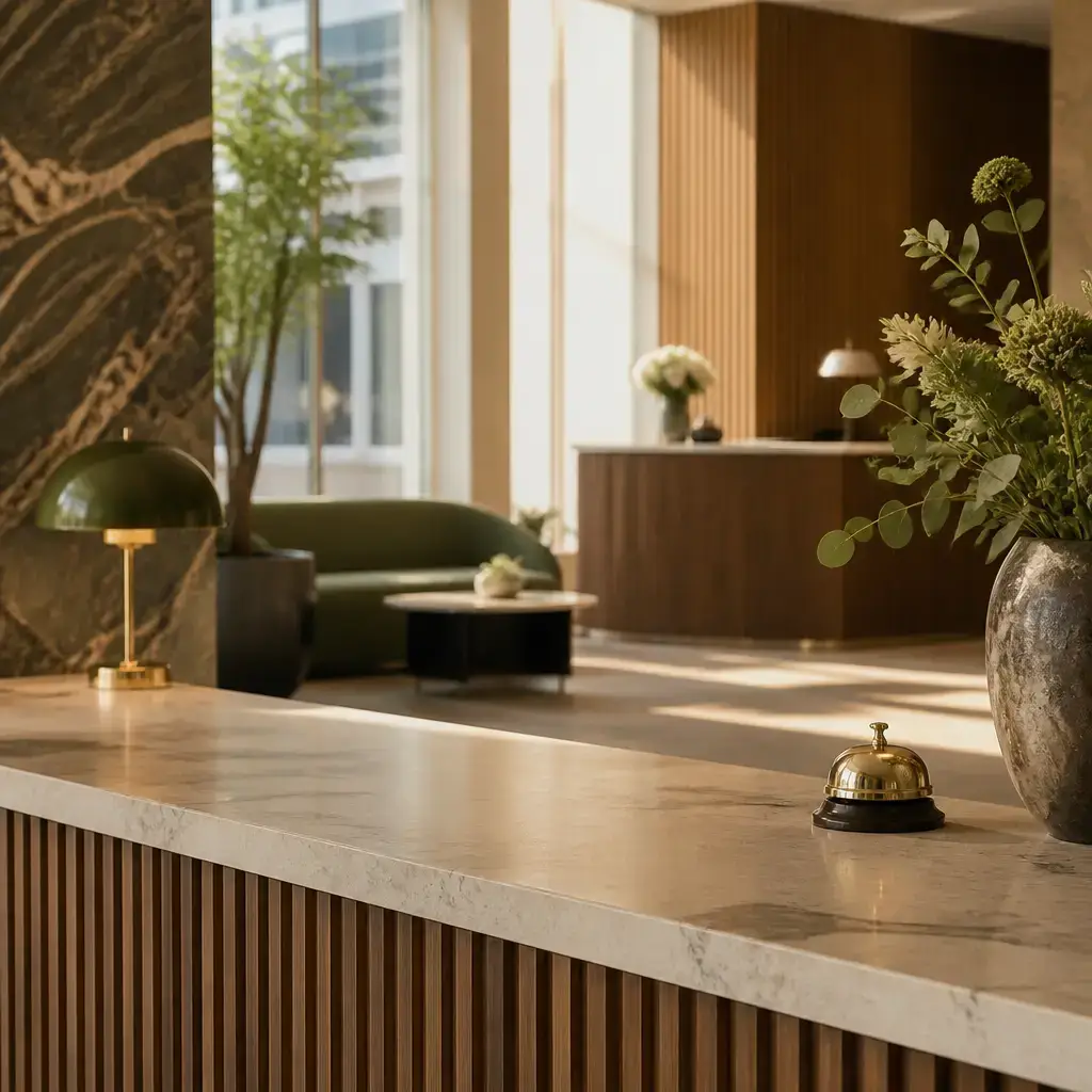Danish lesson set in a contemporary Copenhagen everyday setting: At a service desk, a guest asks staff for a detailed invoice that separates room, breakfast, and laundry services for work records..