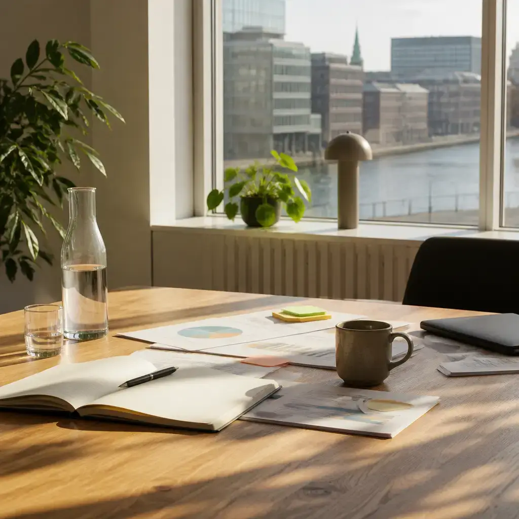 Danish lesson set in a contemporary Copenhagen everyday setting: At work, two colleagues plan how to request a short extension after a project scope expands..