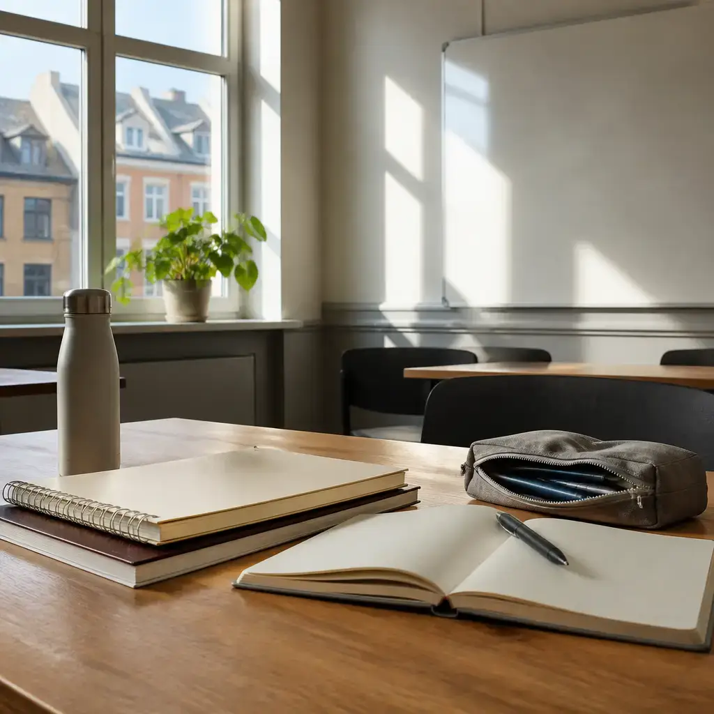 Danish lesson set in a contemporary Copenhagen everyday setting: After missed classes, two classmates decide which assignment to handle first and arrange focused practice after class..