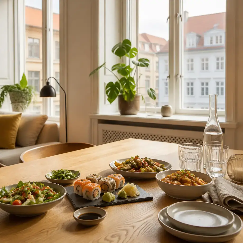 Danish lesson set in a contemporary Copenhagen everyday setting: Before a group dinner, two friends compare food preferences and plan to send a quick poll before booking a restaurant..
