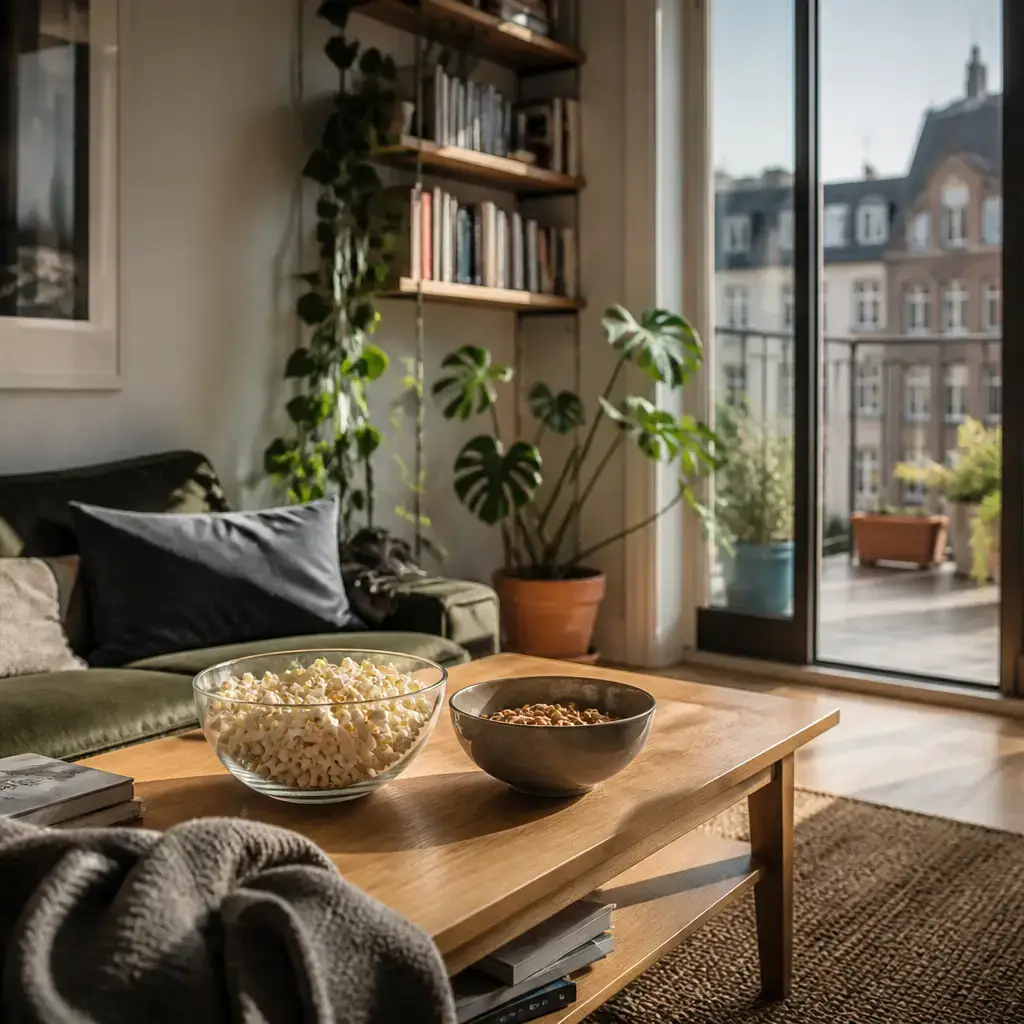 Danish lesson set in a contemporary Copenhagen everyday setting: Before choosing a movie, two friends compare moods and pick a lighter mystery comedy with subtitles..