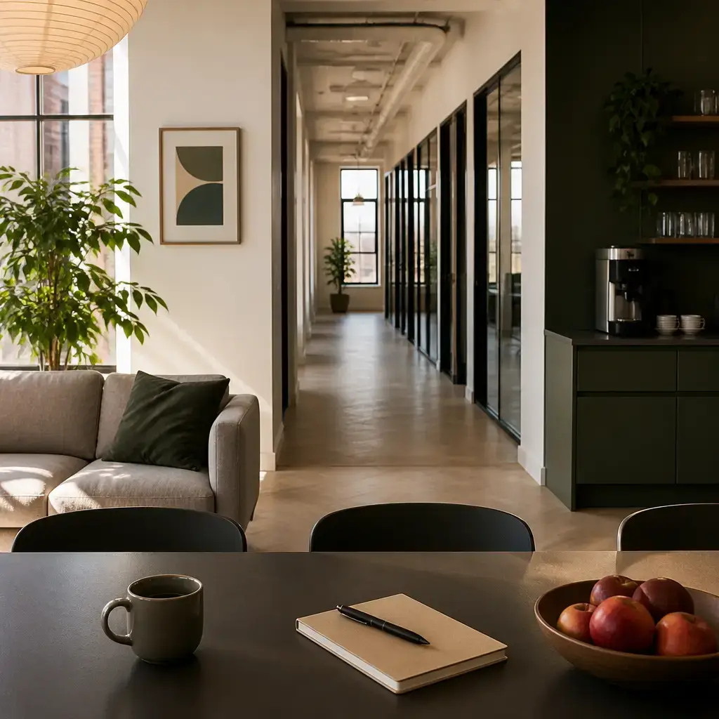 Danish lesson set in a contemporary Copenhagen everyday setting: During a work break, one adult steps away for a private call while another agrees to track any missed updates..