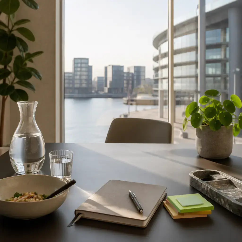 Danish lesson set in a contemporary Copenhagen everyday setting: After lunch at work, two adults discuss how to regain focus by reviewing notes, choosing the next priority, and reducing distractions..