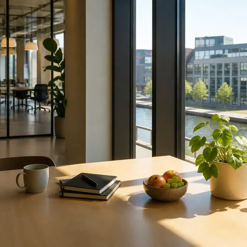 Danish lesson set in a contemporary Copenhagen everyday setting: At work, two adults clarify flexible break expectations, service coverage, team chat updates, and a possible shared schedule..