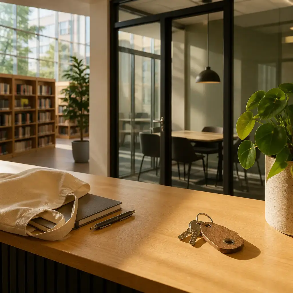Danish lesson set in a contemporary Copenhagen everyday setting: At a library desk, one adult reserves a study room for a group project and confirms the key and timing rules..