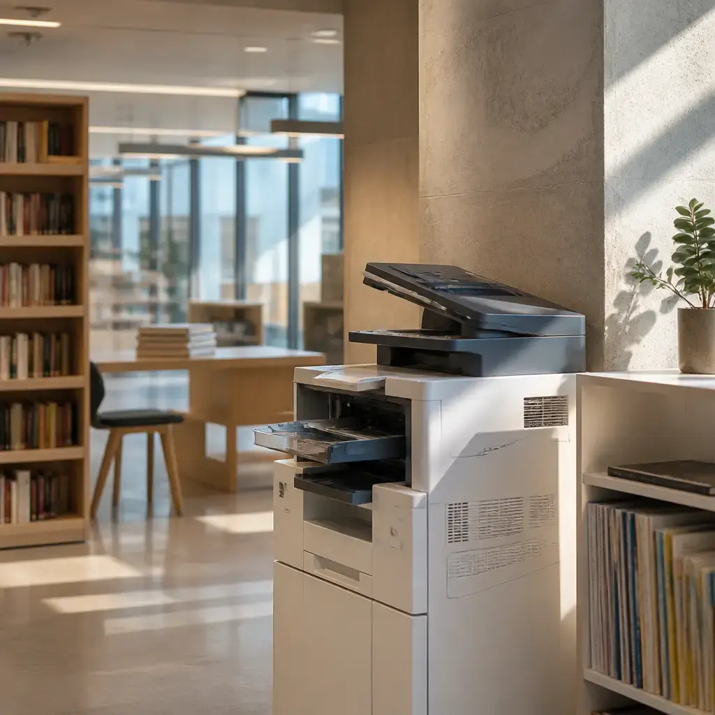 Danish lesson set in a contemporary Copenhagen everyday setting: In a library, a patron asks for help with a stuck print job and waits while staff check the printer safely..
