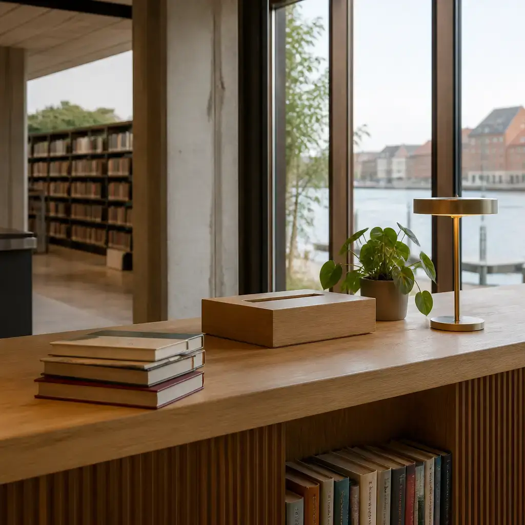 Danish lesson set in a contemporary Copenhagen everyday setting: At a library, two adults discuss how to explain an overdue book and ask about a failed online renewal..