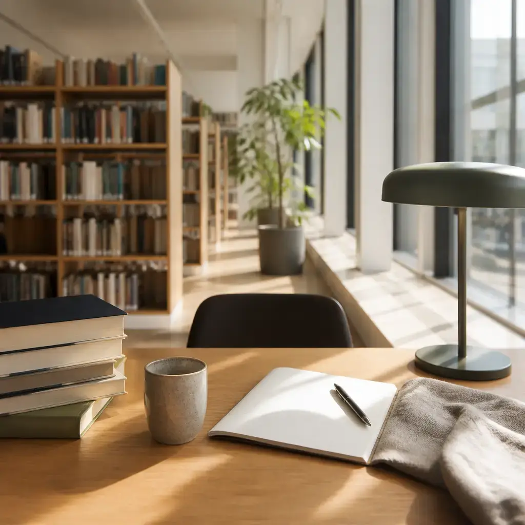 Danish lesson set in a contemporary Copenhagen everyday setting: In a library silent area, two adults decide how to politely respond when nearby people are talking..