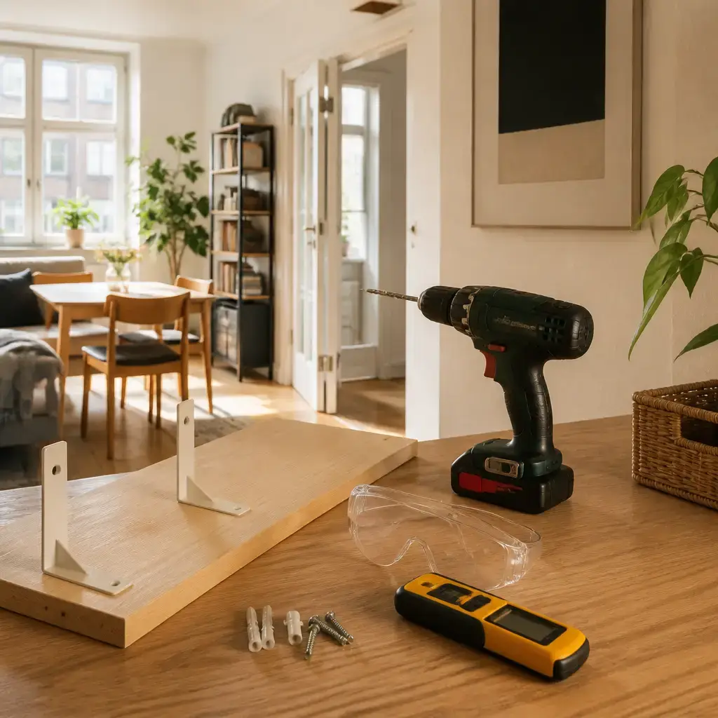 Danish lesson set in a contemporary Copenhagen everyday setting: In a shared living space, one adult borrows a drill for a shelf and gets safety advice about the wall, wires, and returning the parts..