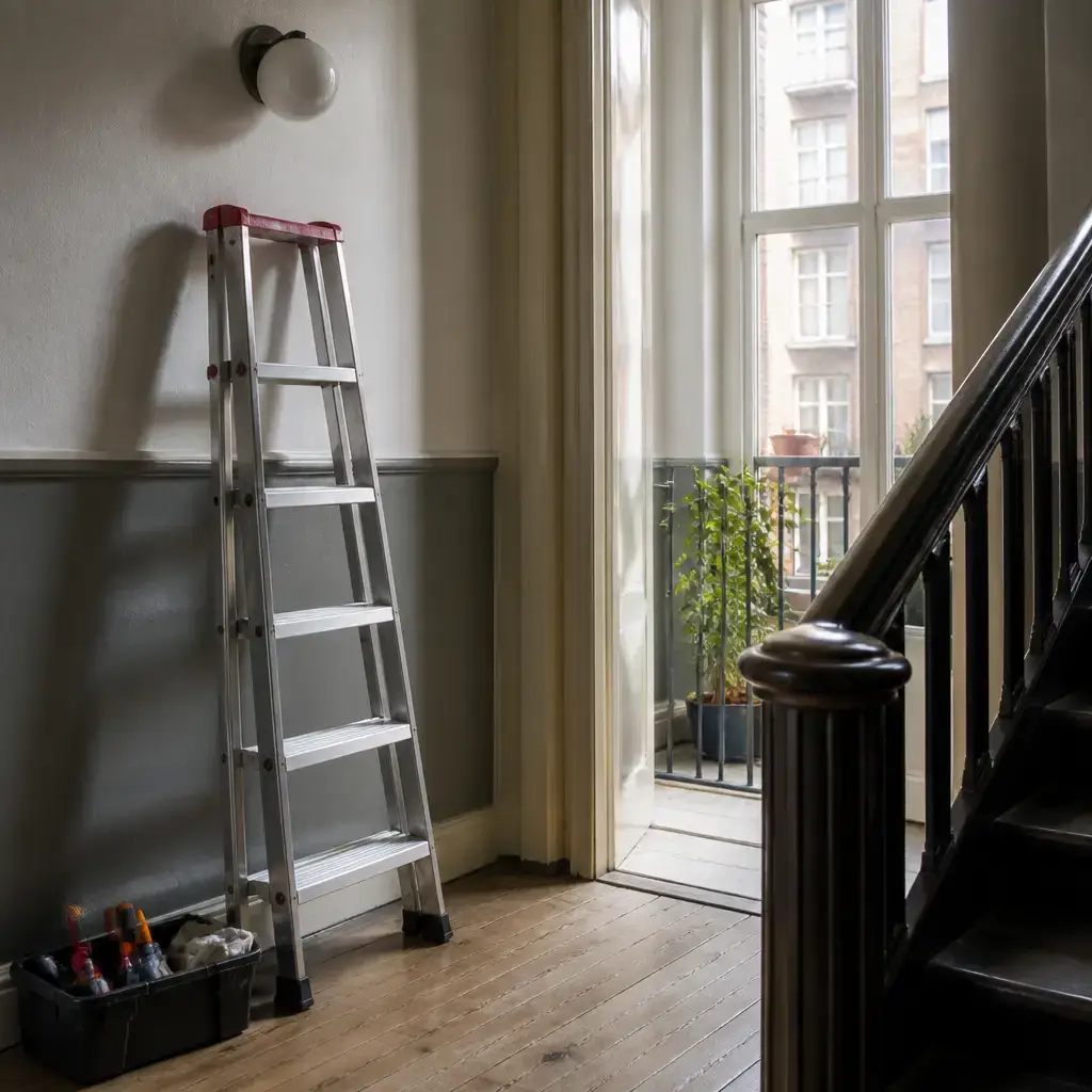 Danish lesson set in a contemporary Copenhagen everyday setting: In a shared building, one adult borrows a neighbor's ladder to change a ceiling light and agrees on safe use and return..