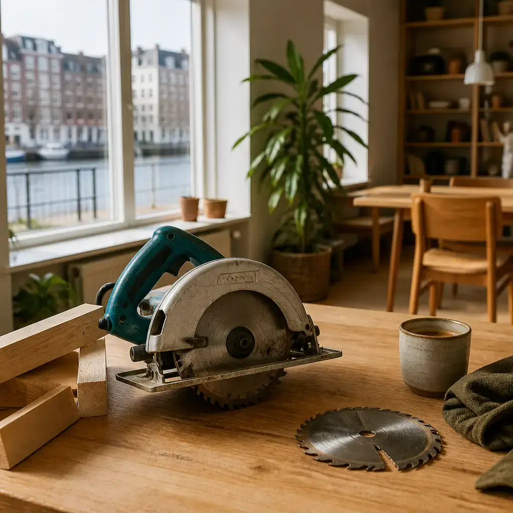 Danish lesson set in a contemporary Copenhagen everyday setting: In a shared space, one adult explains damage to a borrowed saw and agrees to replace the blade before returning it..